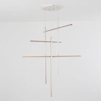 6 Lights Modern Linear Chandelier,Gold Cylinder Tube Hanging Pendant Light for Foyer Stairway,LED 70-Watt Dimmable High Ceiling Chandelier