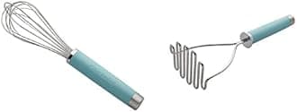 KitchenAid Gourmet Stainless Steel Wire Masher, 10.24-Inch, Aqua Sky & Gourmet Utility Whisk, 10.5-Inch, Matte Aqua Sky