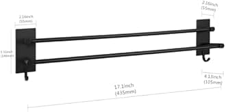 JS Towel Rail Self Adhesive Towel Holder Hanger Stainless Steel Towel Rack 43.5cm/17.1 inch Anti-rust Double Rod Towel Shelf Bar with 2 Hooks Multi-Function for Bathroom Shower Kitchen, Black