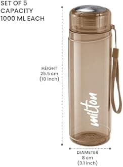 MILTON Hector 1000 Pet Water Bottle, Set of 5, 1 Litre Each, Brown, Reusable Plastic Fridge Bottle, BPA Free and Leak Proof Bottles for Travel, Work