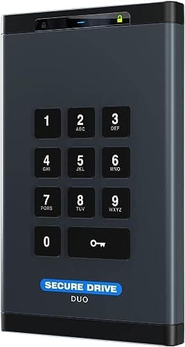 SecureData SecureDrive Duo 2TB Hardware Encrypted USB 3.0 Ext Drive FIPS 140-2 Level 3 Unlock via KeyPad or Phone app TAA Compliant, CJIS, HIPAA, CMMC, GDPR Compliant, Works with Mac and Win Free AV