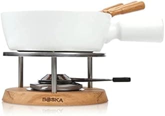 Boska Holland Cheese Fondue Set, 1 L White Porcelain Pot with Oak Wood Base, Life Collection
