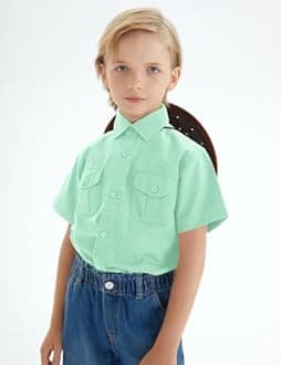 Spring&Gege Boys' Short Sleeve Button Down Shirts for Kids Woven Solid with Two Pockets