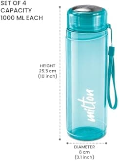 MILTON Hector 1000 Pet Water Bottle, Set of 4, 1 Litre Each, Blue, Reusable Plastic Fridge Bottle, BPA Free and Leak Proof Bottles for Travel, Work