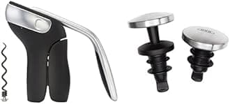 OXO SteeL Vertical Lever Corkscrew with Removable Foil Cutter,Black/Silver,2.1 & SteeL Expanding Leakproof Wine Stopper, (2 Pack)