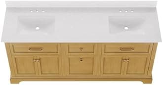 Deer Valley 72" Bathroom Vanity with Double Sink Top, Pre-Assembled Vanity with Soft-Close Drawers and Splash Guard, Pre-drilled 3-Hole, Expansive Storage, Natural Wood Color