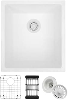 White Bar Sink, White Granite Composite Kitchen Sinks With Accessories, 17 Inch Undermount Quartz Stone Kitchen Sinks, 17" x 19" x 10" Small Kitchen Sink used for RV, Bar, Outdoor and Wet Bar
