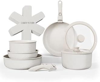 Country Kitchen Cookware Set with Removable Handle, Oven & RV Safe Pots and Pans Set, Cream Rhombus, Original