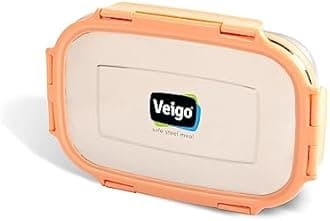 Veigo Steel Lunch Boxes for Office Men, Tiffin Box for Office Men, Lunch Box for Kids, Jumbo 950 ml, 180 ml Veg Box | Detachable Clips | Leakproof & Airtight | Durable Stainless Steel Lid | Peach
