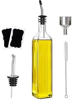 Olive Oil Dispenser Bottle, 1 Pcs Glass Olive Oil Dispenser and Vinegar Dispenser Set with 2 Stainless Steel Pourers, 2 Labels,1 Brush and 1 Funnel Oil Bottles for Kitchen (500ml)