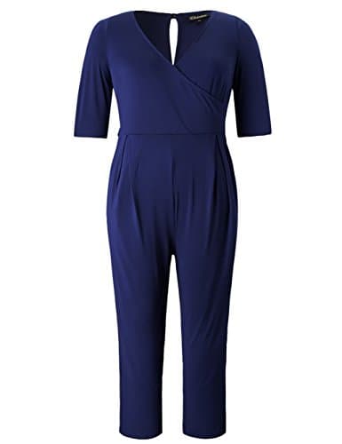 Chicwe Women's Plus Size V Neck Stretch Solid Jumpsuit Romper Pants with Pockets and Belt