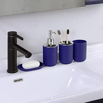 IMAVO Bathroom Accessories Set,Navy Blue Bathroom Set,9 Pieces Bathroom Accessory Set,Tray,Qtip Holders,Toilet Brush,Trash Can for Bathroom Décor and Home Gifts