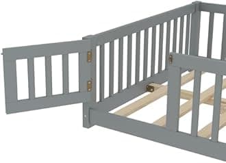 Bellemave Full Size Montessori Floor Bed with Slats and Center Support Bar, Full Size Montessori Bed with Fence, Floor Beds for Kids, Girls, Boys