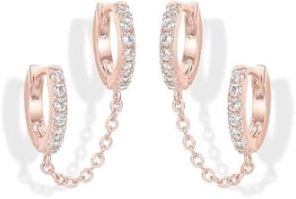 PAVOI 14K Gold Chain Earrings for Women | Double Piercing Dangle Chain Huggie Hoop Earrings | Cubic Zirconia Pearl Stud Earrings for Women