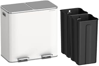 SONGMICS Trash Can, 2 x 10.6 Gallon (2 x 40 L) Garbage Can for Kitchen, with 15 Trash Bags, 2 Compartments, Plastic Inner Buckets and Hinged Lids, Airtight, White and Gray ULTB730W80