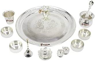 GoldGiftIdeas 12 Inch Premium Silver Plated Pooja Thali Set, Pooja Thali Decorative Plate, Wedding Gift
