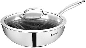 Bergner Hi-Tech TriPly Stainless Steel 24cm (3.1 L) Wok with Glass Lid, Honeycomb Non-Stick Coating Chinese Kadai, Non-Toxic, Healthy, Less Oil Use, Durable Handle, Excellent Grip - Induction Bottom