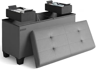 Storage Ottoman Bench with Bins, 30-in Storage Bench for Bedroom End of Bed, Folding Foot Rest Ottoman for Living Room Max 660lbs, Faux Leather Ottomans, Grey