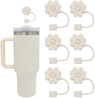 4Pcs 0.4in Diameter Cute Silicone Straw Covers Cap for Stanley Cup, Dust-Proof Drinking Straws Reusable Straws Tips Lids (6 PCS Flower Straw Covers-Off White)