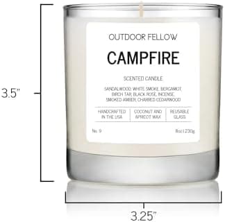 Outdoor Fellow Campfire Scented Candle, 8oz, Coconut & Apricot Wax Blend, Sandalwood, Smoked Amber, Charred Cedarwood, Reusable Glass, 40-50 Hour Burn Time
