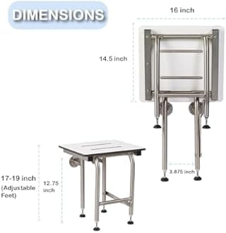 Shower Seat Resin with Legs, ADA Heavy Duty Shower Chair for Inside Shower 400lbs | 304 Stainless Steel | Shower Chair for Elderly and Disabled | Folding Shower Seat Wall Mounted | 16”x16”