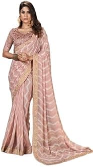 SIRIL Women's Bandhani Printed Embroidery Lace Georgette Saree with Unstitched Blouse Piece