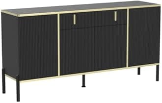 ECACAD Modern Sideboard Buffet Storage Cabinet with Ripple Doors, Drawer & 6 Storage Compartments, Kitchen Cupboard Console Cabinet with Metal Legs for Living Room, Entryway, Black & Gold