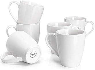 Sweese 601.001 Porcelain Mugs - 16 Ounce for Coffee, Tea, Cocoa, Set of 6, White