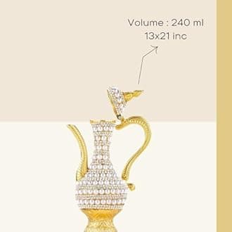 Steel Water Bottle Pitcher with Zirconia Stones | Handmade Metal Carafe Water Tea Coffee Jug Vintage Bottle | Turkish Ottoman Zamzam Pitchers (240 ML / 8.1 Oz, Pearl and Zirconia, Gold Color)