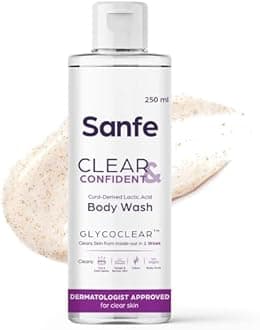 Sanfe Clear & Confident Glycolic Acid Body Wash | AHA Exfoliation for Rough & Bumpy Skin, Tan, Acne & Strawberry Skin | Smooth Skin from 1st Use | 250ml Daily Shower Gel