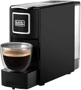BLACK+DECKER Capsule Coffee Machine, 1140W, Compatible with Espresso Coffee Capsules, Espresso and Lungo Option, Compact Design, One-Touch Control, Fast Brewing, Removable Drip Tray, Black- CCM100-B5