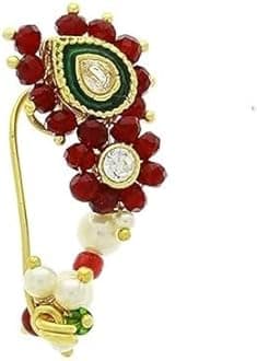 CMPG Red Colour crystal Traditional Maharashtrian Nath, Clipo-On Nose for Girls, woman