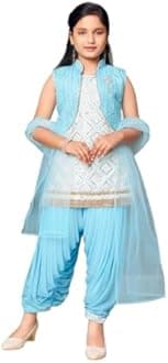 Aarika Girl's Silk Ethnic Wear Sequin Embroidery Lace Work Kurti Patiala Suit Set With Jacket