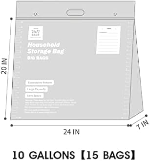 15 XX-Large Plastic Storage Bags, 10 Gallons, Zero BPA, Double Zipper Seal, 3 Mils Thick, Double Layer Carry Handle, 24"x20"x7", Moving, Seasonal, Travel