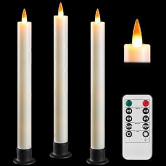 Da by 3 LED Flameless Table Candles with Remote Timer, 9.6 Inch Ivory Candle Holder, Battery Powered 3D Flickering False Flame Window Candle, Free 3 Black Bases