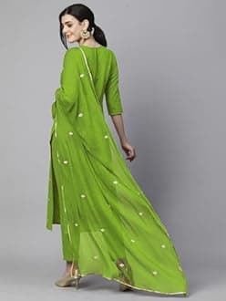 GoSriKi Ladies Rayon Blend Embroidered Straight Kurta with Trousers and Dupatta