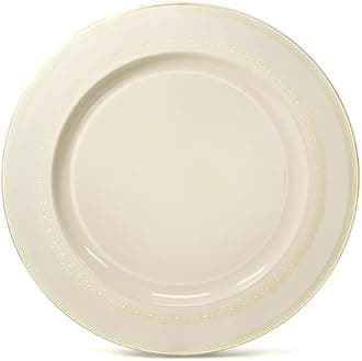 " OCCASIONS " 120 Plates Pack, Heavyweight Disposable Wedding Party Plastic Plates (10.5'' Dinner Plate, Lace in Ivory & Gold)