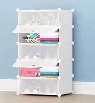 AYSIS Plastic Rack For Storage,Foldable Wardrobe For Clothes,Collapsible Wardrobe,Kitchen Cupboard,Clothes Storage Wardrobe,Cupboard For Clothes Plastic(White,5-Shelf-5-Door),44 Cm,32 Cm,158 Cm