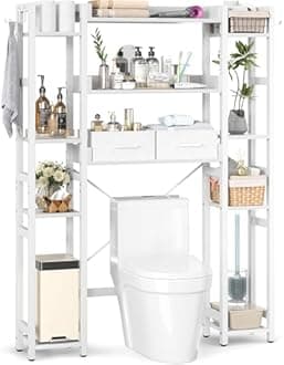Over The Toilet Storage with 2 Drawers - 11 Tier Bathroom Organizer Freestanding Space Saver Storage Rack with Adjustable Shelf Above Toilet Stand with 4 Hooks for Restroom, Laundry, White