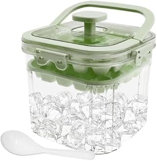 5L Ice Bucket for Freezer with Lid, Refrigerator Ice Cube Storage Bin with 48 Grids Mold Tray, Ice Bucket Container Wine Bucket with Handle and Spoon, Ice Cube Tray for Outdoor Camping (Green)