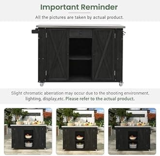 Outdoor Kitchen Island Fir Wood Kitchen Island with Stainless Steel Top,Ample Storage Space, Towel and Spice Racks and a Bottle Opener for Outdoor (Black@53)