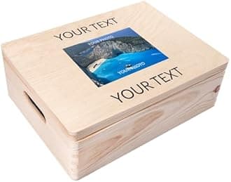 Personalized Wooden Storage Box | 15.8x11.8x5.5in (+-0.5) | Hinged Lid Handles Engraving | Personalised Text + Photo | Unpainted Gift Box | Rough UNSANDED Keepsake Memory Souvenir Chest