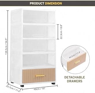 ABOUT SPACE Polypropylene Cabinet for Storage,5 Tier DIY Cupboard with Hidden Door,Drawer & Roller Wheels|Kids Wardrobe for Clothes Racks for Home,Office,Bedroom-L 49 x B 29.7 x H 138.5 cm,White