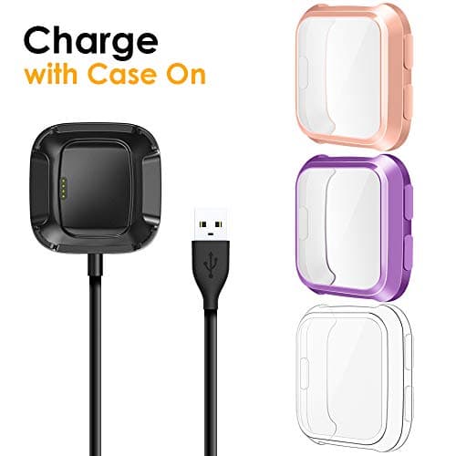 EZCO [3+1 Pack] Screen Protector Plus Charger Compitible with Fitbit Versa, Exclusive Charging Dock Cable (Can Charge Case On) Soft TPU Full Coverage Case Cover Bumper for Versa (Not for Versa 2)