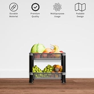 2-Layer Multipurpose Plastic Kitchen Storage Rack | Vegetable Basket Organizer | Stackable Storage Stand for Home, Pantry, Bathroom, Office – Durable Space-Saving Shelf (Silver)