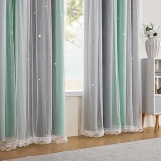 XiDi Rainbow Blackout Curtains for Kids Room, Unicorn Wall Decals, Pink, Green, Grey, 52/72/1