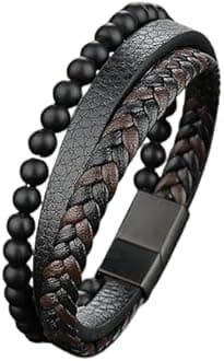 MEENAZ Bracelet for Men Black Leather Bracelet for boys Magnetic-Clasp Leather Mens Beads Bracelet Evil eye Bracelets for Men Stylish Combo Silver Stainless Steel Birthday Gift Anniversary Husband 665