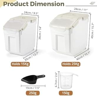 ABOUT SPACE Rice Storage Container 25kg & 15kg Airtight Rice Container with Measuring Cup & Rice Shovel-Rice Barrel Dispenser-Moisture Proof Kitchen Organiser for Cereals & Pet Food- White, Plastic
