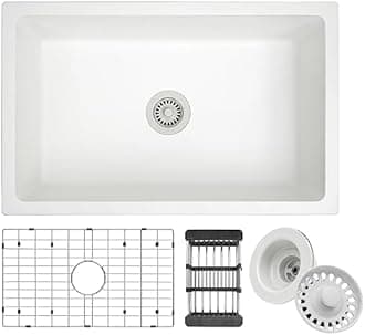 30 Inch White Granite Composite Single Bowl Undermount Kitchen Sink, 29-3/4" x 18-3/4" x 9"