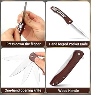 Benkey Folding Pocket Knife, Sharp and Solid D2 Blade Wood Handle, Flipper Camping Folding Knife with Liner Lock Good for EDC Outdoor Survival Camping Collection
